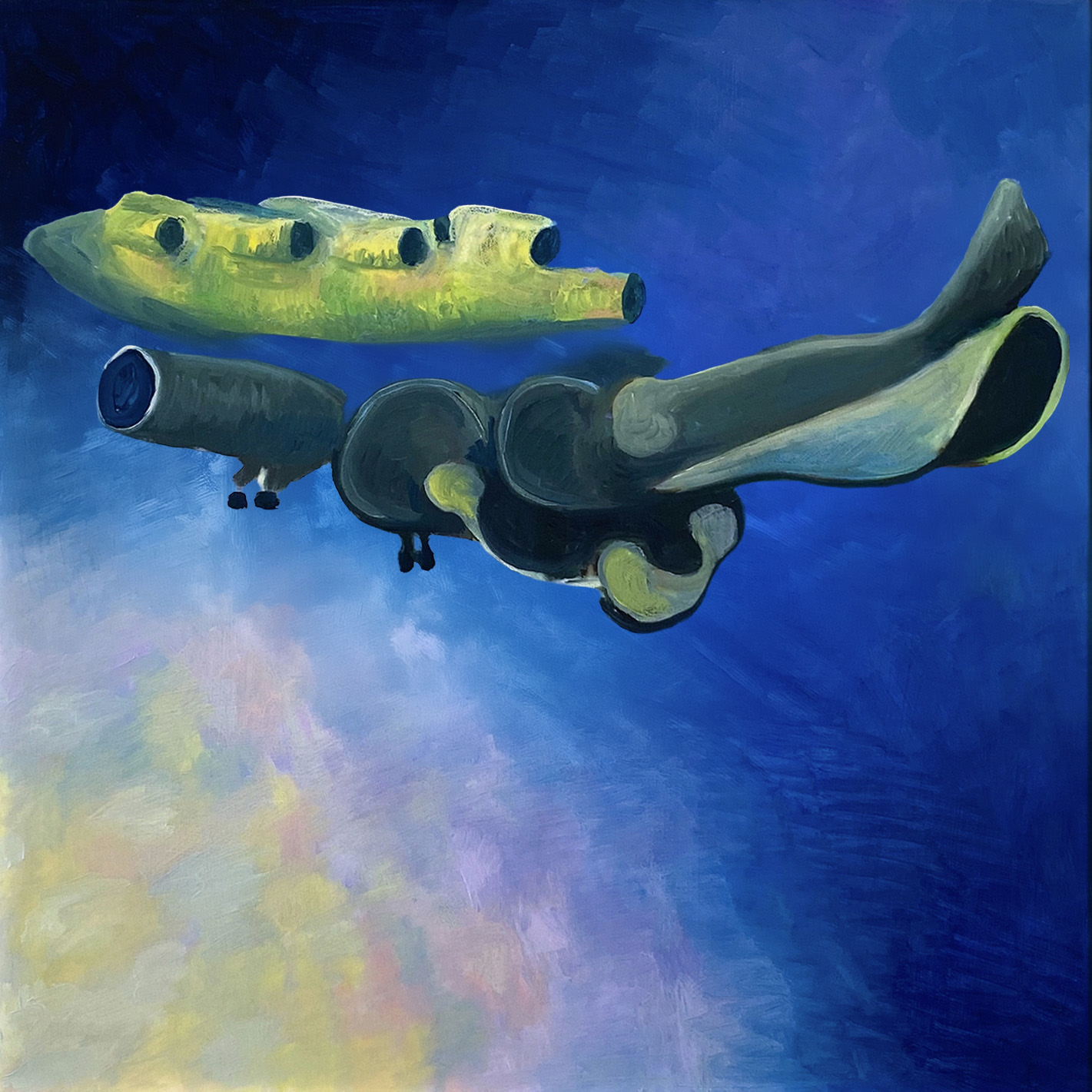 "Flute," 2019, 10"x10". Looking back at early AI experimentations. This piece is an oil painting, but the...