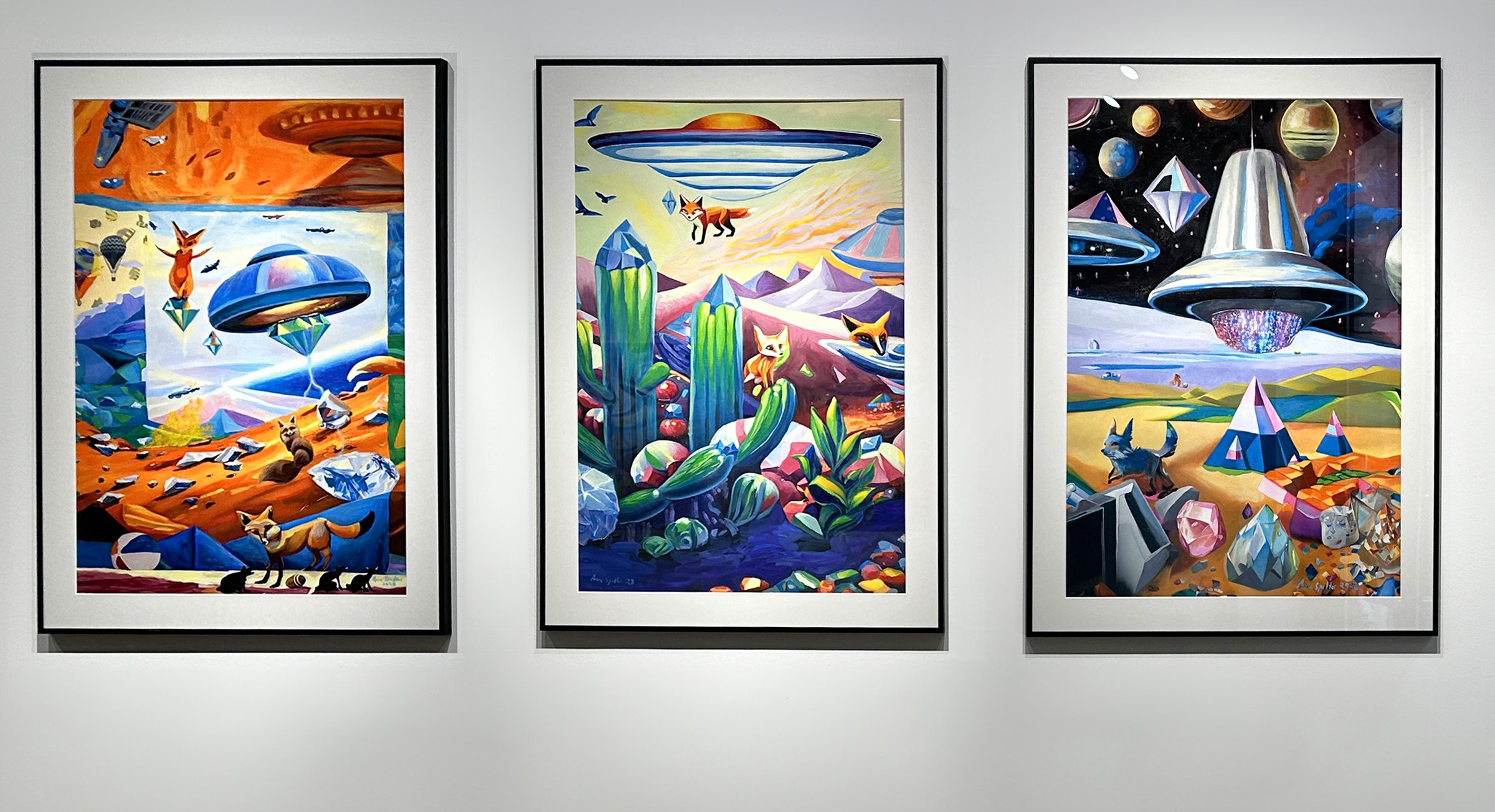 Panels of Perception, Deserted Dreams and The Fox’s Odyssey on the wall